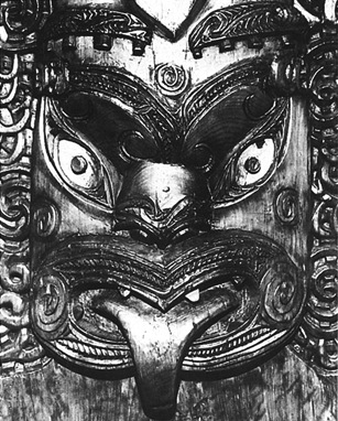 Maori woodcarving of fearsome face of Maui. Jungian therapy
