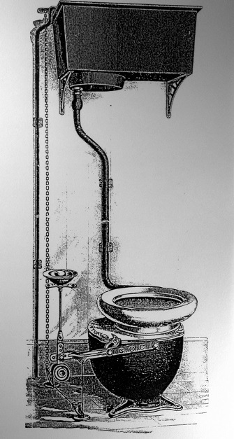  engraving of antique flush toilet. jungian analysis