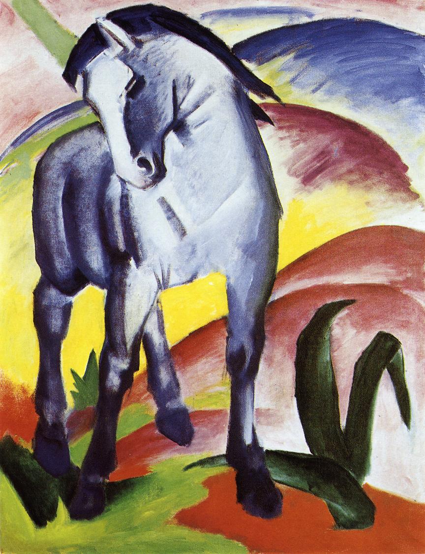 blue-white horse in intensely colored background.jungian therapy