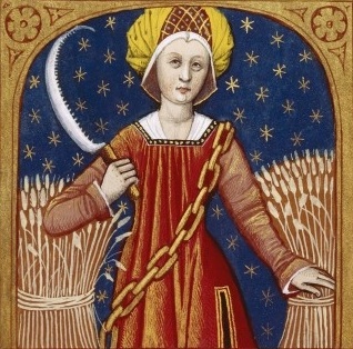 demeter with sickle and grain against starry sky. jungian analyst