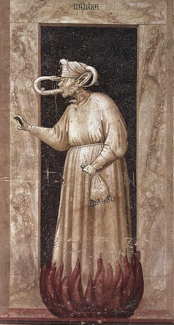 envious medieval man with snake in mouth and bag of money, flames at feet. jungian analyst