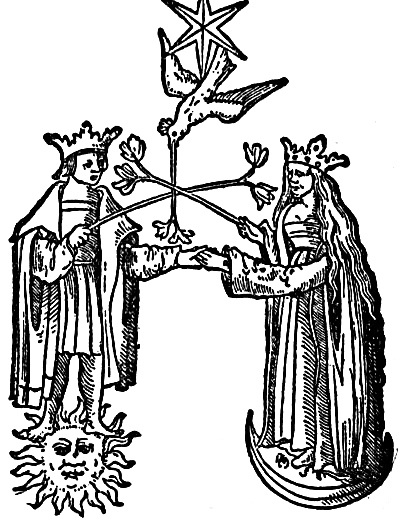 18th C woodcut of king and queen on sun and moon, marrying. Jungian therapy